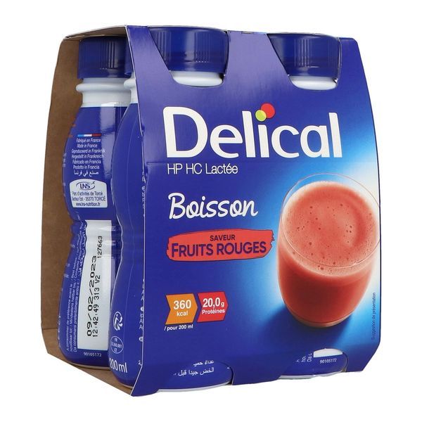 DELICAL BOISSON LACTEE HP HC Denrée alimentaire destinée à des fins médicales spéciales, fruits rouges, 200 ml x 4