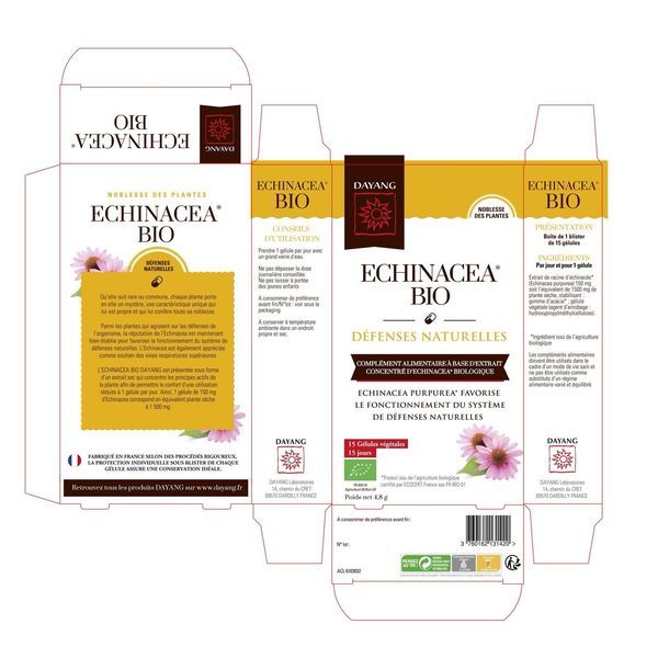 DAYANG PLANTE UNITAIRE BIO ECHINACEA Gélule, complément alimentaire à base d'extrait concentré d'échinacéa biologique, bt 15