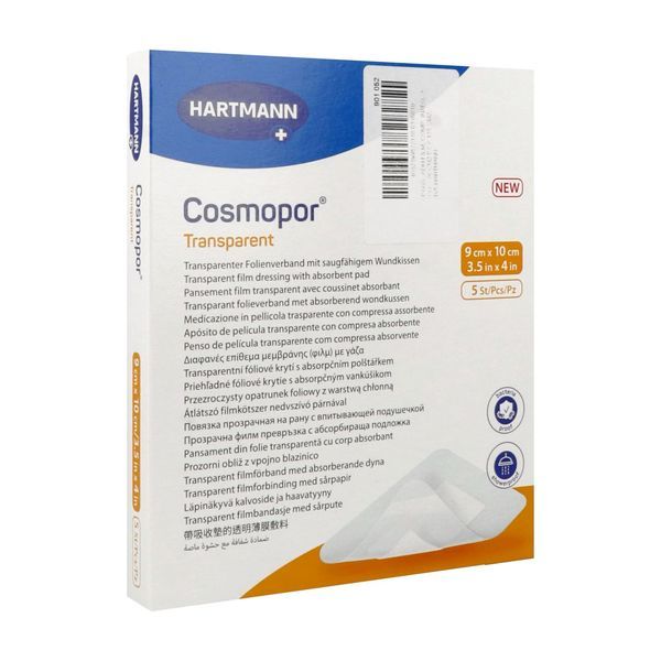 COSMOPOR TRANSPARENT Pansement film autoadhésif transparent, stérile, à usage unique, 9 cm x 10 cm (ref. 901052), bt 5