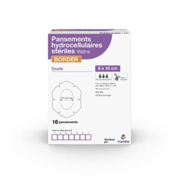 VIATRIS BORDER PANSEMENT HYDROCELLULAIRE Pansement hydrocellulaire siliconé, ovale, stérile, 8 cm x 10 cm, bt 16