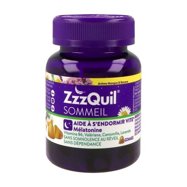 ZZZQUIL SOMMEIL AROME MANGUE & BANANE Gomme à mâcher, complément alimentaire pour l'endormissement plus rapide, pot 30