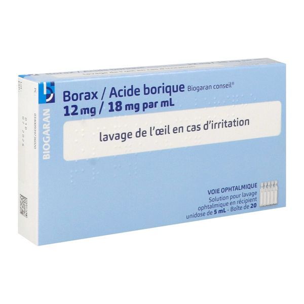 BORAX ACIDE BORIQUE BIOGARAN CONSEIL UNIDOSE Solution pour lavage ophtalmique 12 mg/18 mg par ml, boîte 20 récipients unidoses 5 ml