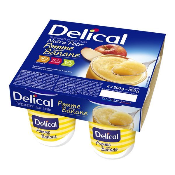 DELICAL NUTRA'POTE PREPARATION AUX FRUITS Denrée alimentaire destinée à des fins médicales spéciales, pomme saveur banane, 200 g x 4