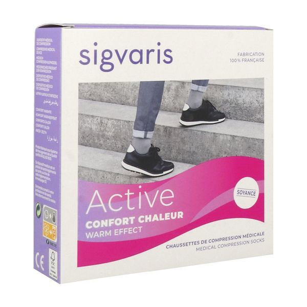SIGVARIS 2 ACTIVE CONFORT CHALEUR Chaussette médicale de compression classe 2, en soie, pour femme, plume, long, large (ref. 302955), paire