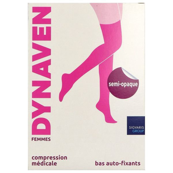 DYNAVEN 2 SEMIOPAQUE Bas cuisse médical de compression autofixant classe 2, pied ouvert, pour femme, beige, long, small (ref. 303606), paire
