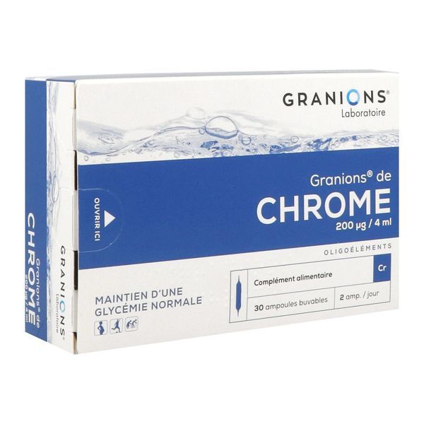 GRANIONS DE CHROME Ampoule buvable, complément alimentaire d'oligoélément chrome 200 Ág/j, bt 30