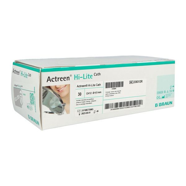 ACTREEN HI - LITE Sonde vésicale prélubrifiée, droite, type Nélaton, pour adolescente, CH 12, godet blanc (ref. 238312R), bt 30