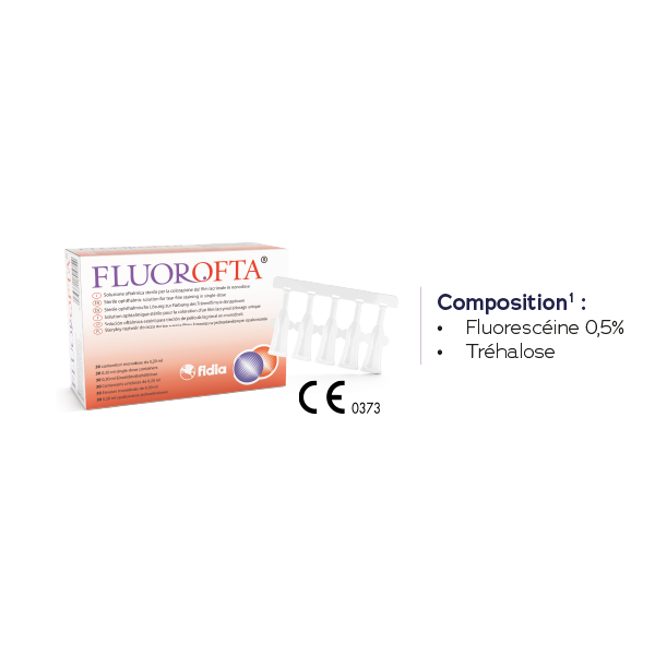 FLUOROFTA®, solution ophtalmique - DISPOSITIF MÉDICAL Classe IIa - CE 0373. Boîte de 30 unidoses de 0,2mL.