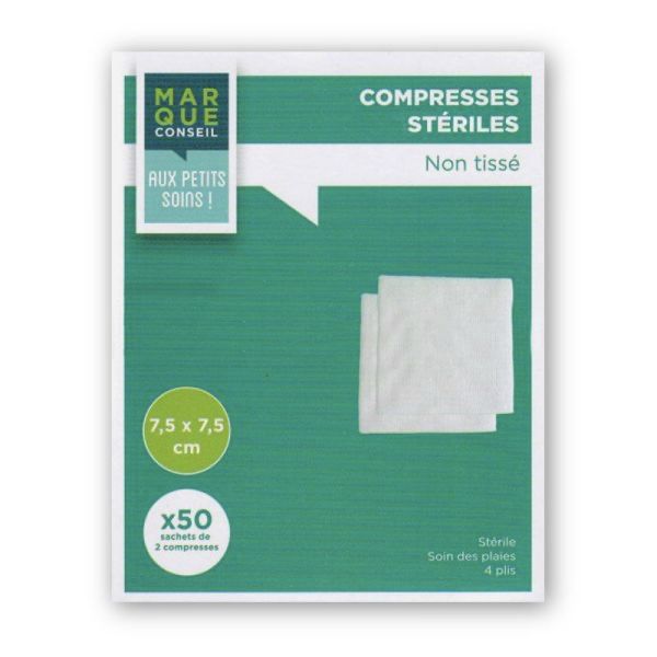 MARQUE CONSEIL COMPRESSES EN NON TISSE Compresse en non tissé, stérile, 7,5 cm x 7,5 cm, sachet 2, 50 sachets, bt 100
