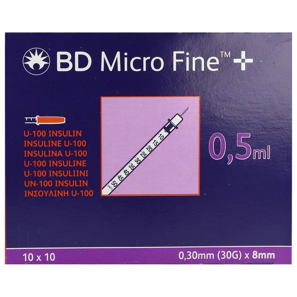 BD MICRO - FINE + Seringue 3 pièces à insuline de 0,5 ml, aiguille sertie Micro-fine +, 100 UI/ml, 0,3 mm x 8 mm, bt 100