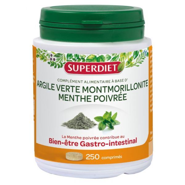 Superdiet Argile verte montmorillonite + Menthe poivrée - 250 comprimés