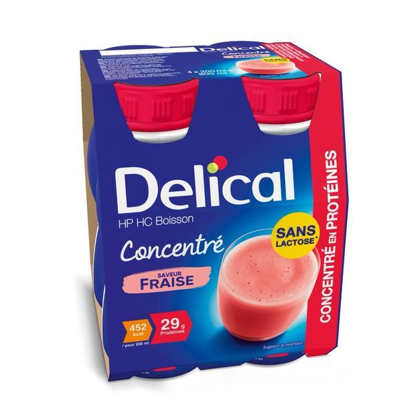 DELICAL CONCENTRE SANS LACTOSE BOISSON HP HC Denrée alimentaire destinée à des fins médicales spéciales, fraise, 200 ml x 4