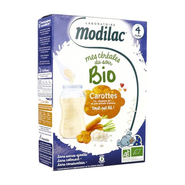 MODILAC MES CEREALES DU SOIR BIO Céréale infantile instantanée pour nourrisson 2ème âge, carottes - riz, bt 250 g