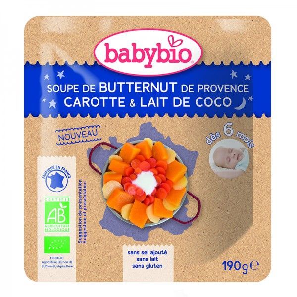 Babybio - Doypack Bonne nuit soupe Butternut de Provence Carotte Lait coco BIO - dès 6 mois - 190 g
