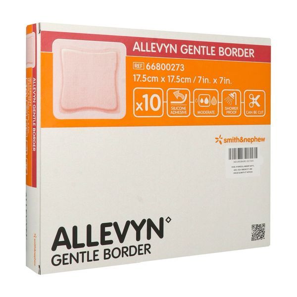 ALLEVYN GENTLE BORDER Pansement hydrocellulaire à bords adhésifs, stérile, très absorbant, 17,5 cm x 17,5 cm, bt 10