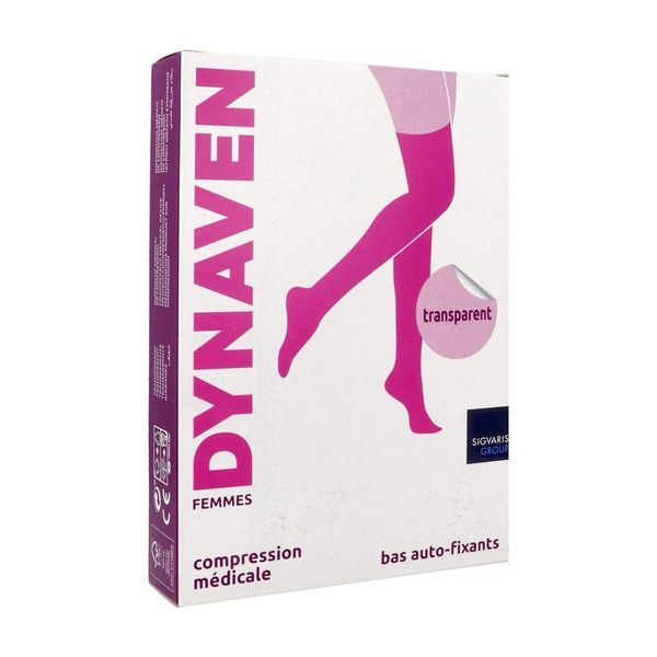 DYNAVEN 2 TRANSPARENT Bas cuisse médical de compression autofixant classe 2, pour femme, noir, normal, large (ref. 303431), paire
