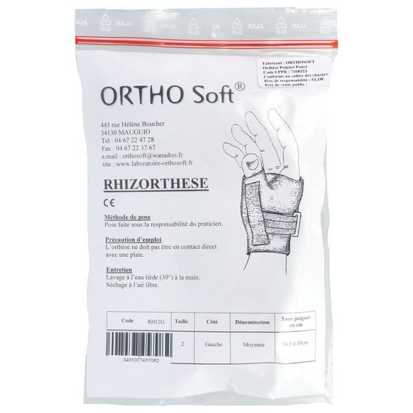 RHIZORTHESE ORTHOSOFT Orthèse de poignet pouce statique d'immobilisation, gauche, taille 2 (ref. RH12G), unité