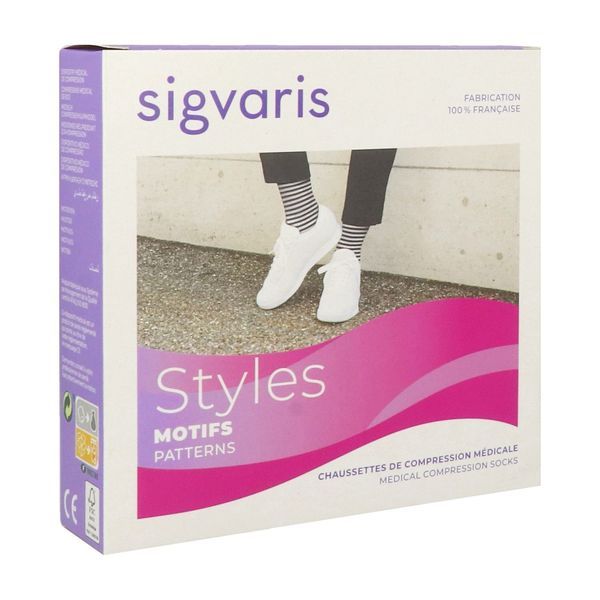 SIGVARIS 2 STYLES MOTIFS MARINIERE Chaussette médicale de compression classe 2, motif marinière pour femme, marine et blanc, normal, medium (ref. 307793), paire