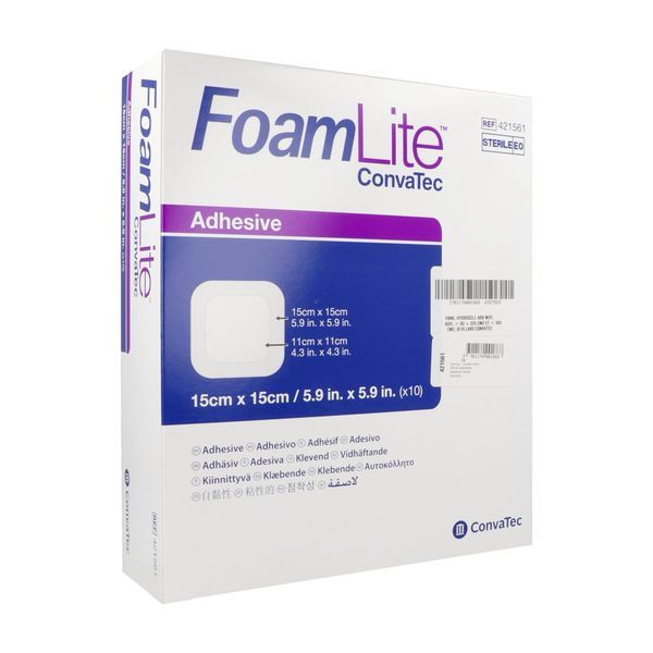FOAM LITE Pansement hydrocellulaire à absorption moyenne, adhésif, stérile, 15 cm x 15 cm (ref. 421561), bt 10