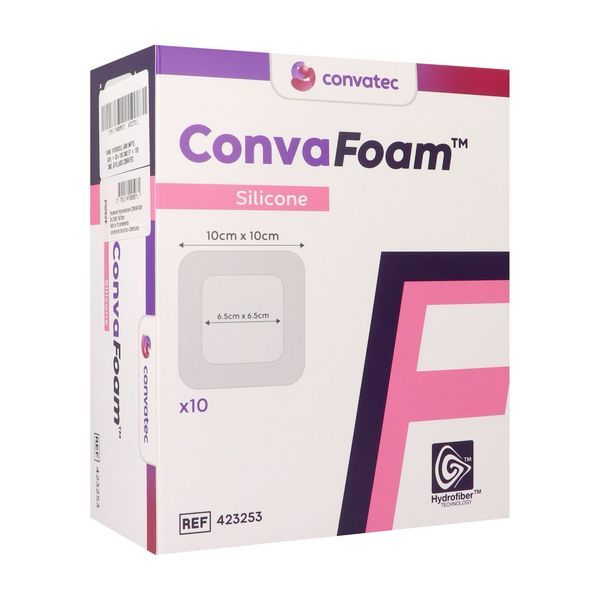 CONVAFOAM Pansement hydrocellulaire issu de la Technologie hydrofiber, adhésif siliconé, 10 cm x 10 cm (ref. 423253), bt 10
