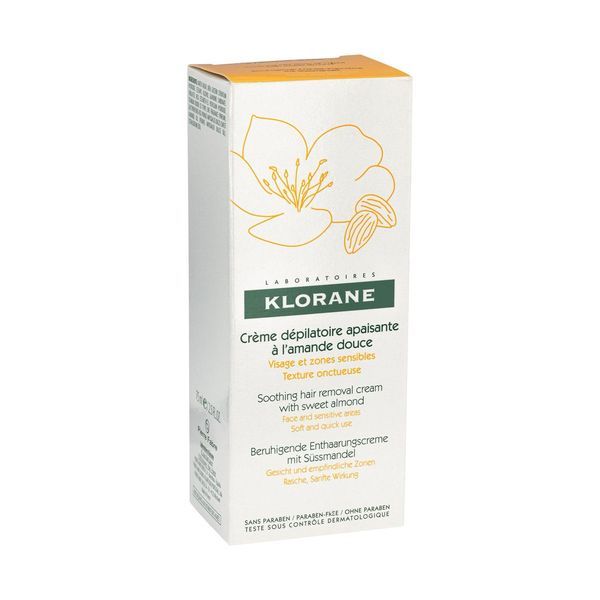 KLORANE CREME DEPILATOIRE APAISANTE VISAGE ET ZONES SENSIBLES Crème dépilatoire apaisante à l'amande douce, tube 75 ml