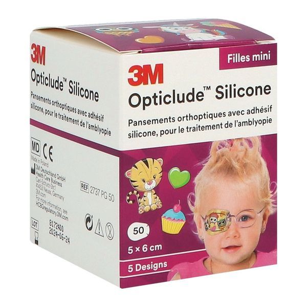 OPTICLUDE SILICONE 3M DESIGN GIRLS MINI Pansement orthoptique occlusif, petit modèle, décor fille, 50