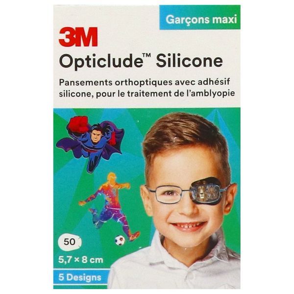 OPTICLUDE SILICONE 3M DESIGN BOY MAXI Pansement orthoptique occlusif, décor garçon, bt 50