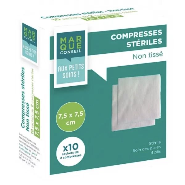 MARQUE CONSEIL COMPRESSES EN NON TISSE Compresse en non tissé, stérile, 7,5 cm x 7,5 cm, sachet 2, 10 sachets, bt 20