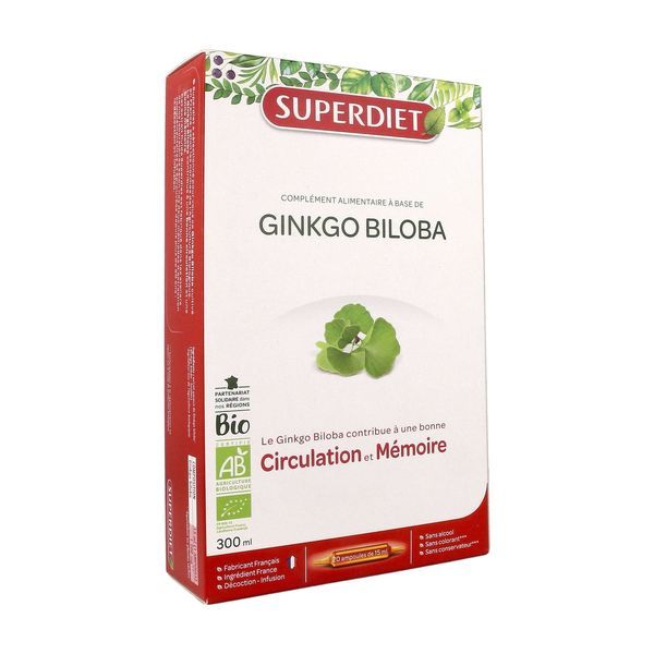 SUPERDIET EXTRAIT FLUIDE GINKGO BILOBA Ampoule buvable d'extrait fluide de Ginkgo biloba, bt 20