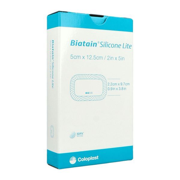 BIATAIN SILICONE LITE Pansement hydrocellulaire alvéolé, bord adhésif siliconé, fin, repositionnable, 5 cm x 12,5 cm (ref. 334531), bt 10