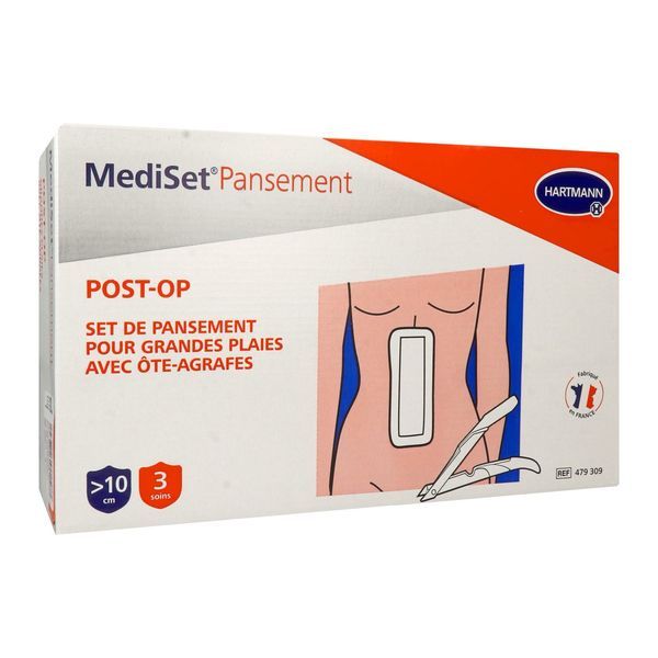 MEDISET PANSEMENT POST - OP GRANDES PLAIES Set de nettoyage et de recouvrement avec ôte agrafes, grande plaie suturée, bt 3