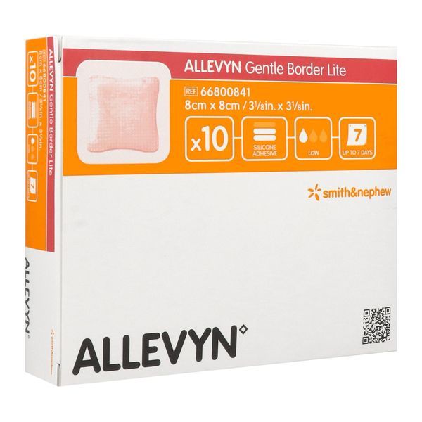 ALLEVYN GENTLE BORDER LITE Pansement hydrocellulaire à bords adhésifs, stérile, très absorbant, 8 cm x 8 cm (ref. 66800841), bt 10
