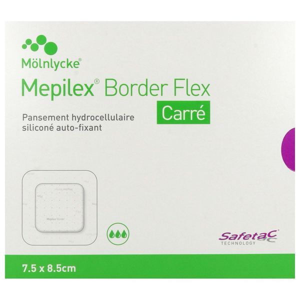 MEPILEX BORDER FLEX CARRE Pansement hydrocellulaire siliconé, bordé, flexible, stérile, forme carrée, 7,5 cm x 8,5 cm (ref. 595221), bt 16
