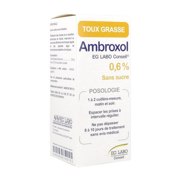 AMBROXOL EG LABO CONSEIL Solution buvable 0,6 %, boîte 1 flacon 150 ml avec cuillère-mesure graduée à 2,5 ml et 5 ml