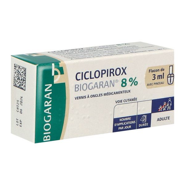 CICLOPIROX BIOGARAN Vernis à ongles médicamenteux 8 %, boîte 1 flacon 3 ml avec bouchon à vis blanc muni d'un pinceau