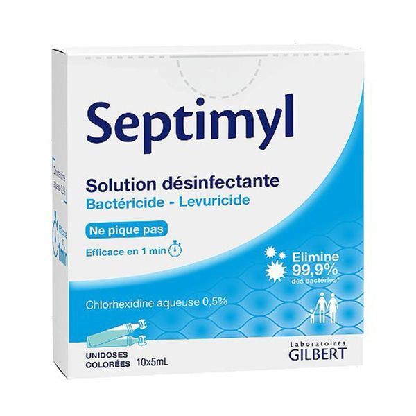 SEPTIMYL SOLUTION DESINFECTANTE Solution désinfectante de chlorhexidine à 0,5 %, unidose, bt 10