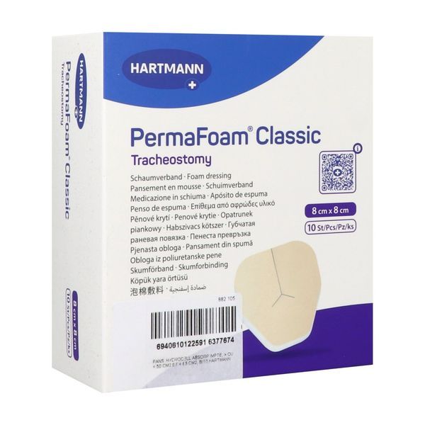PERMAFOAM CLASSIC TRACHEOSTOMY Pansement hydrocellulaire, non adhésif, pour porteur de canule, sonde et drain, bt 10
