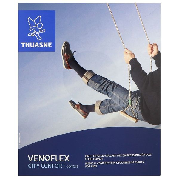 VENOFLEX 3 CITY CONFORT COTON Bas cuisse médical de compression classe 3, antiglisse, pour homme, noir, long, taille 3, paire