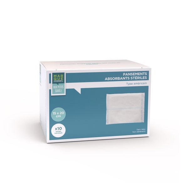 MARQUE CONSEIL PANSEMENTS ABSORBANTS STERILES Pansement absorbant stérile, type pansement américain, 10 cm x 20 cm, bt 10
