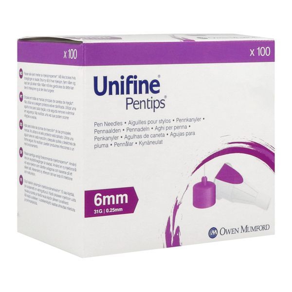UNIFINE PENTIPS Aiguille pour stylo injecteur d'insuline, G31, 0,25 mm x 6 mm, violet (ref. AN3590), bt 100