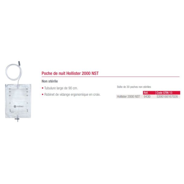 HOLLISTER 2000 NST Poche de recueil urinaire, vidangeable de nuit, non stérile, 2 l, bt 30
