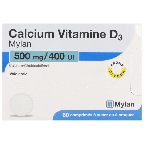 CALCIUM VITAMINE D3 VIATRIS Comprimé à croquer ou à sucer 500 mg/400 UI, boîte 3 tubes 20