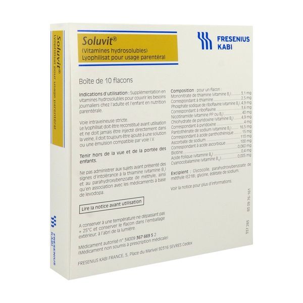 SOLUVIT Lyophilisat pour usage parentéral, boîte 10 flacons lyophilisat 10 ml