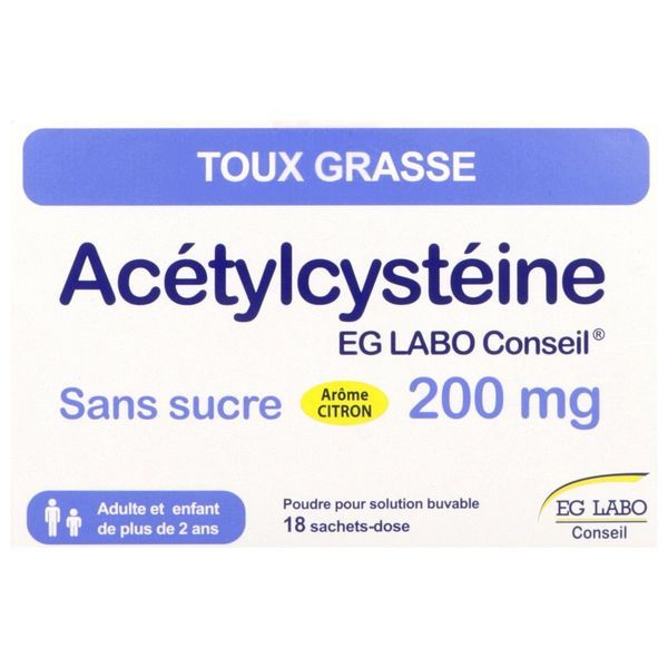ACETYLCYSTEINE EG LABO CONSEIL SANS SUCRE Poudre pour solution buvable 200 mg, boîte 18 sachets