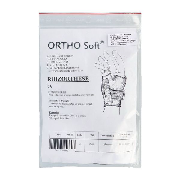 RHIZORTHESE ORTHOSOFT Orthèse de poignet pouce statique d'immobilisation, droite, taille 2 (ref. RH12D), unité