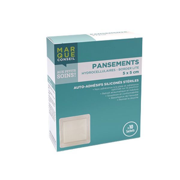 MARQUE CONSEIL PANSEMENTS HYDROCELLULAIRES BORDER LITE Pansement hydrocellulaire autoadhérent, siliconé, stériles, bords adhésifs, 5 cm x 5 cm, bt 10