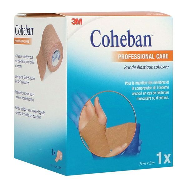 COHEBAN 3M Bande de contention cohésive, force 1, 20 cN/cm à 45 cN/cm, élastique 1 sens, chair 3 m x 7 cm (ref. 1583FP), unité