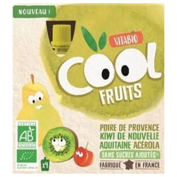 Vitabio Gourde Cool Fruits Poire d'Occitanie Kiwi de Nouvelle-Aquitaine Acérola BIO - 4 x 90 g