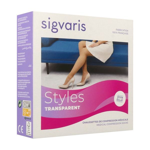 SIGVARIS 2 STYLES TRANSPARENT Chaussette médicale de compression, classe 2, pour femme, pied ouvert, beige 120, normal, large (ref. 301753), paire