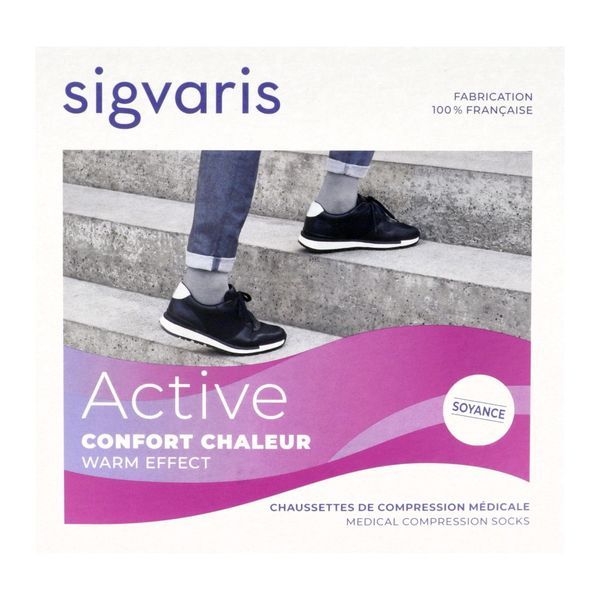 SIGVARIS 2 ACTIVE CONFORT CHALEUR Chaussette médicale de compression classe 2, en soie, pour femme, marine, long, large (ref. 302965), paire